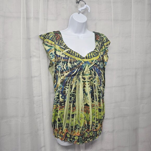 One World Blouse Green Boho Embroidered Sequin Festival Hippie M - Picture 5 of 13